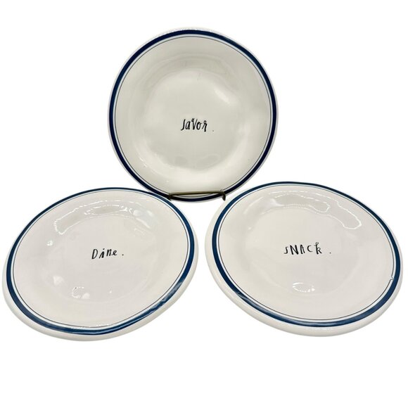 Vintage Rae Dunn Artisan Set of 3 Plates DINE SNACK SAVOR 6 inch White Blue Trim - Picture 1 of 9